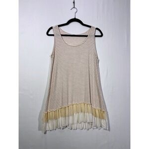 Boho Cottagecore Easel Striped Ruffle Hem Tank Top Womens Small Tan White